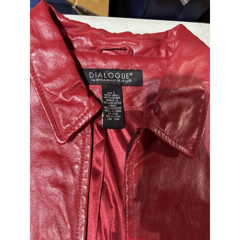 Dialogue Red Leather Coat Jacket Size Large Woman's Pockets Lined Full Zipper - Picture 4 of 10